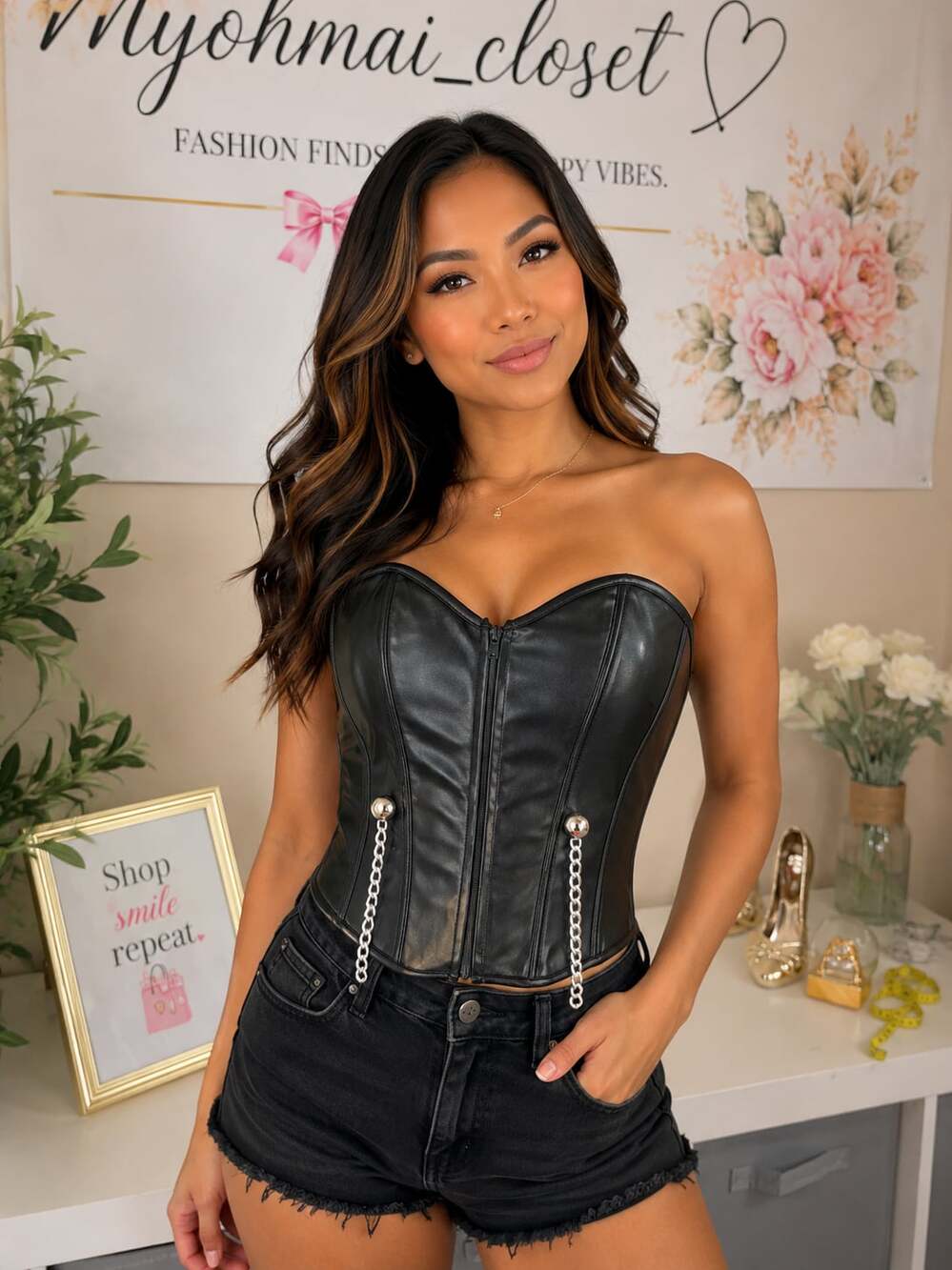 Just One LLC Faux Leather Chain Detail Corset Top Women’s